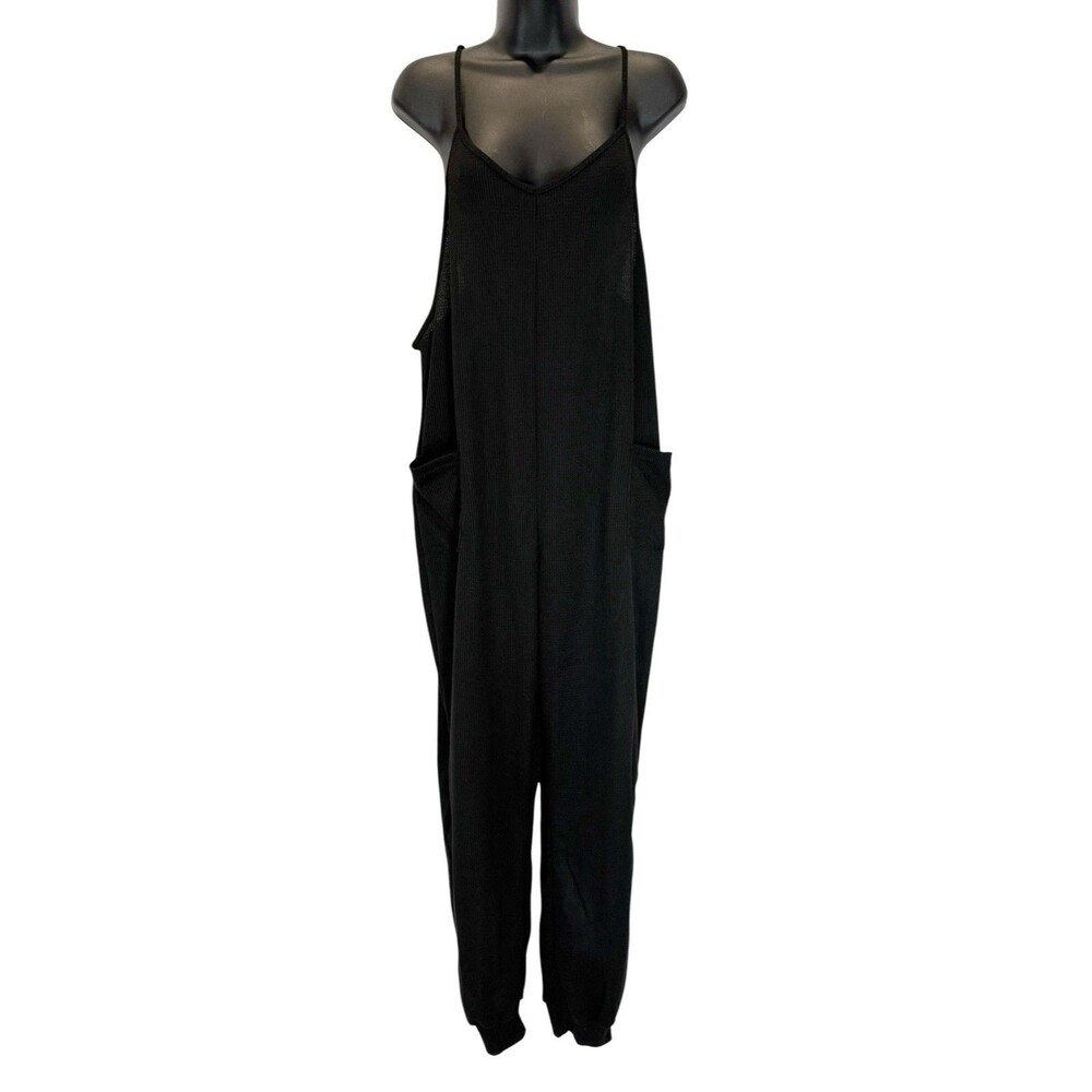 Women’s Waffle Knit Jumpsuit Black Pockets Size M US 6 Sleeveless Oversize Shein